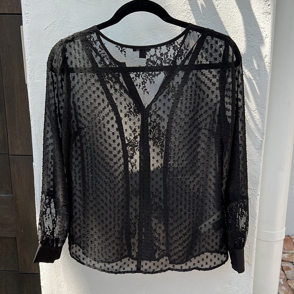 Anne Taylor Lace Button up Long Sleeve Black  Blouse  Women’s XSP